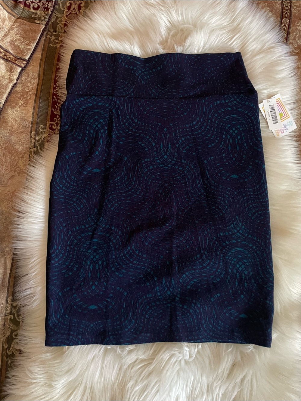 LuLaRoe Navy Pencil Skirt with Teal Swirl Print